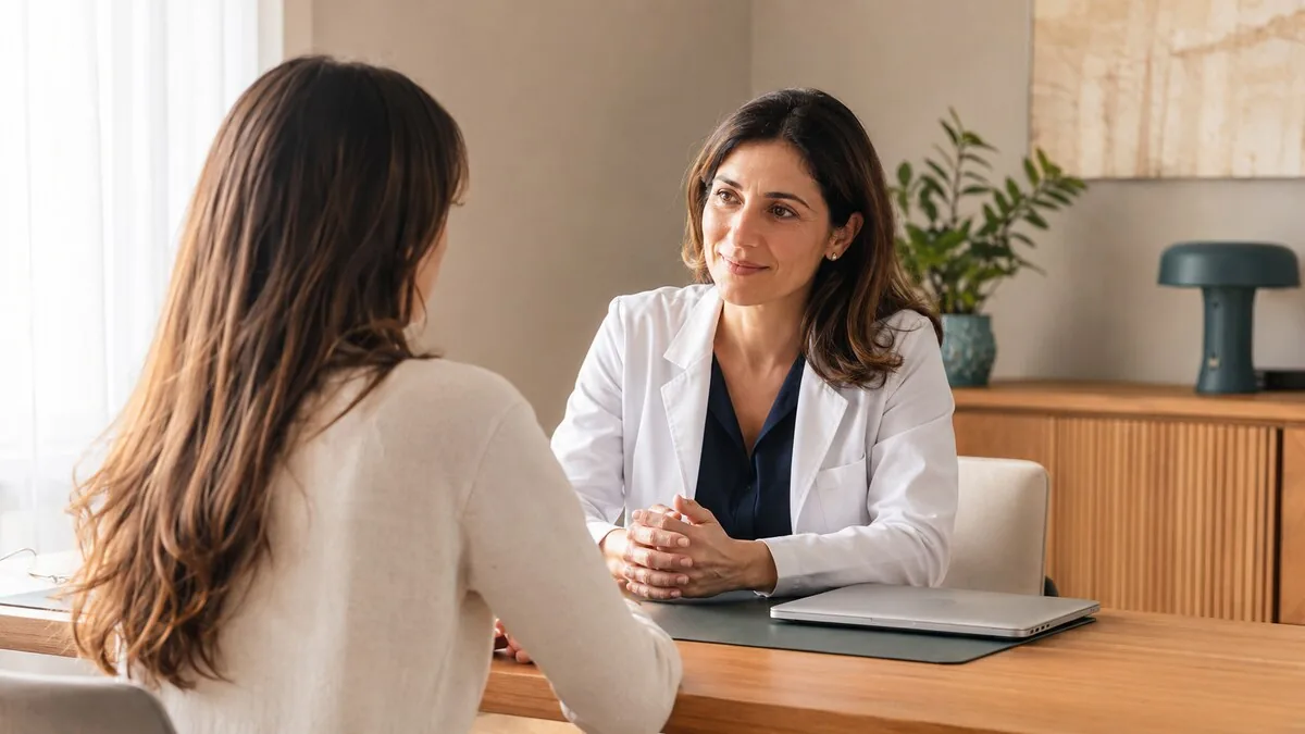 Colloquio riservato tra una giovane donna e una ginecologa in ambulatorio