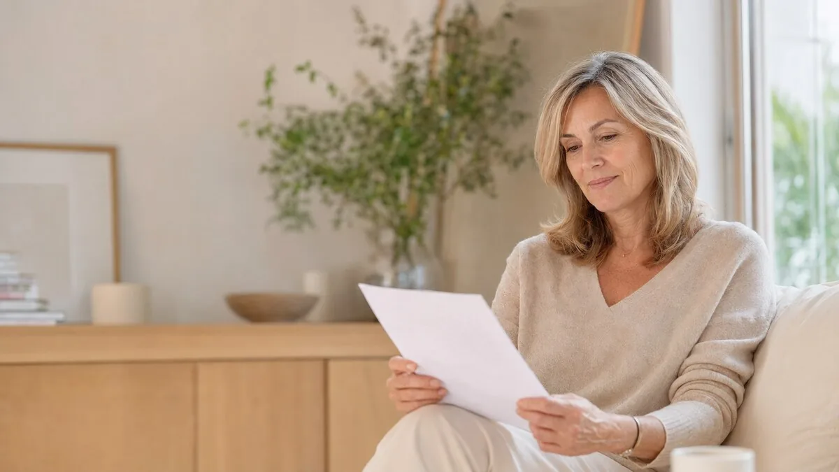 Donna in menopausa che legge materiale informativo sulla propria salute